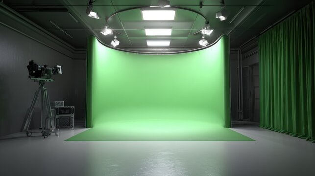 Professional studio with green screen backdrop ready for video production