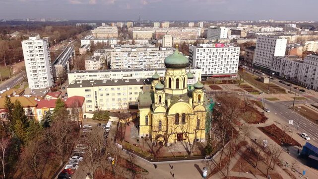 Close Aerial Look Warsaw Church Showcasing Architectural Details, Architect Perspective Examining Domes And Ornate Facade, Courtyard Layout, Nearby Modern Towers, Calm Contemplative
