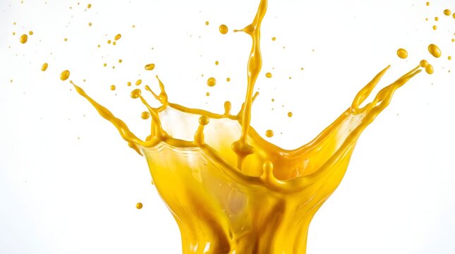 Percikan tebal cairan kuning pekat melompat ke atas, melambangkan kreativitas seni lukis dan kelezatan tekstur minuman kental