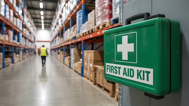 Warehouse safety concept with first aid kit emergency preparedness and industrial workplace protection