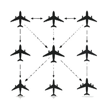 Airplane flight paths and directions.