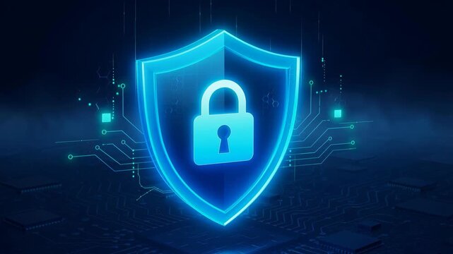 Glowing digital shield with secure lock icon hovering over circuit board symbolizing cybersecurity and data protection