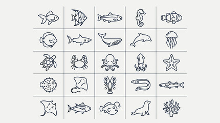 Naklejka premium Set of sea creatures and marine life line art icons.