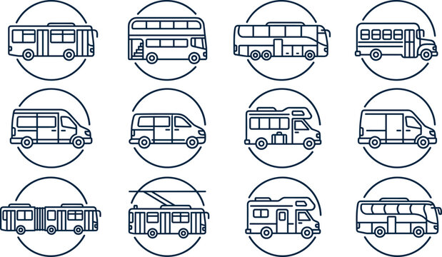 Set of Various Bus and Van Transportation Icons in Linear Style.