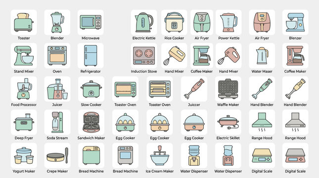 Set of 50 flat vector kitchen appliance icons.