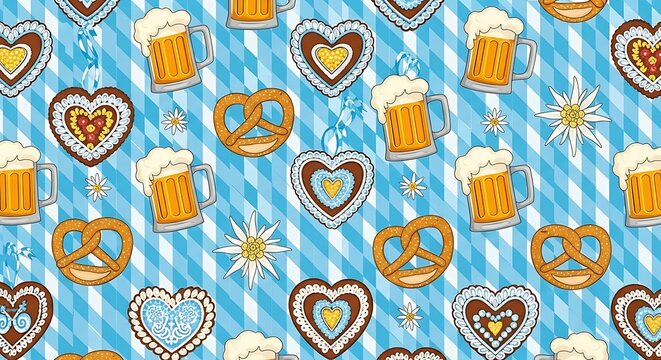 Oktoberfest celebration pattern with beer pretzels and hearts on blue checkered background