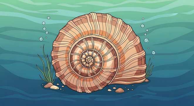 Large seashell underwater with surrounding greenery and bubbles illustration