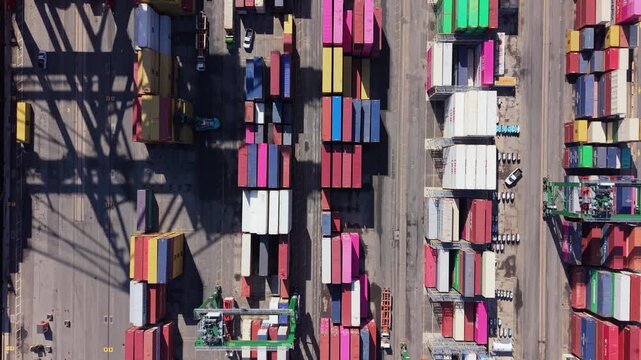 Top View Port Halifax Nova Scotia Canada Container Terminal Cranes Trucks Working Daytime Logistics Global Trade Supply Chain Industrial Scene 4K