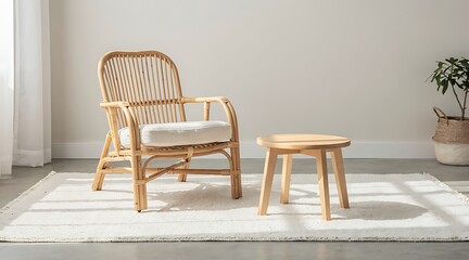 Fototapeta premium Elegant Rattan Chair and Stool Set in a Bright Living Room Setting.