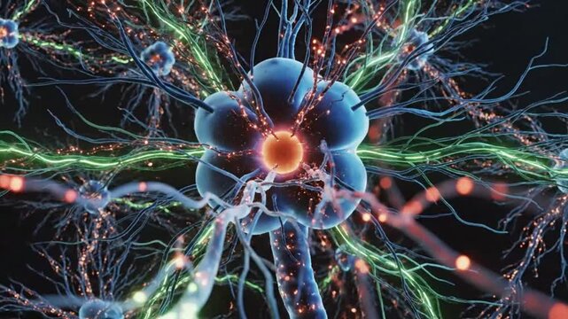 Neuron cell with electrical signals highlighting geometric patterns and contemporary art