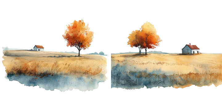 farm lanscape watercolor vector illustration