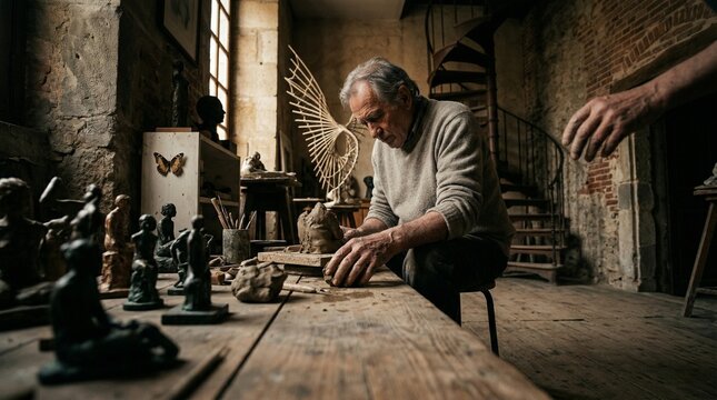 High-angle view of a master sculptor working in a rustic, sunlit studio with clay figurines and spiral stairs