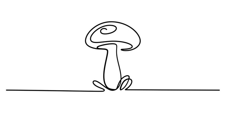 Continuous single line drawing of a simple mushroom isolated on white background, Vector