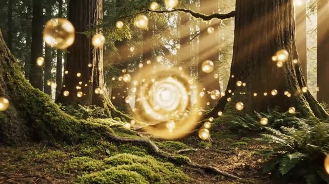 Mystical glowing orbs in forest for outdoor lifestyle brands and nature documentaries