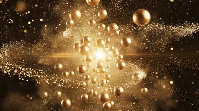 Golden spheres exploding in space symbolizing conceptual art and dynamic energy