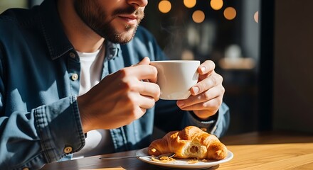 Man enjoying coffee and croissant by the window warm natural light and breakfast