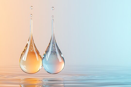 Close-up of two water droplets falling into a calm surface creating ripples and splashes with colorful gradient background