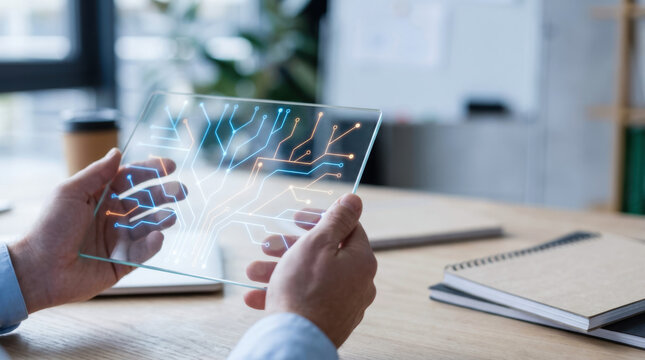task management and workflow planning concept, Hands holding glass tablet with digital circuit interface in office