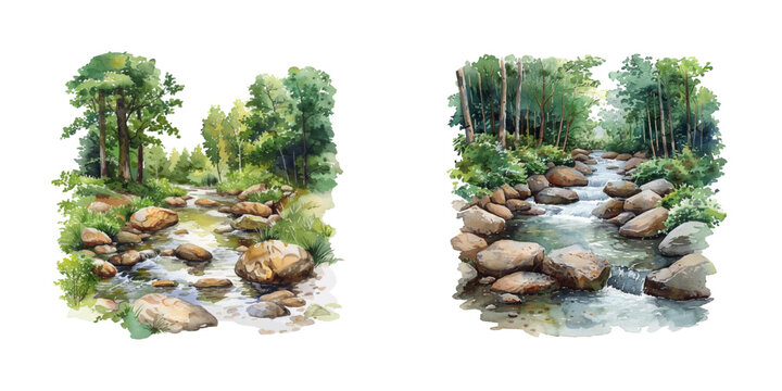 forest river with rocks watercolor vector illustration