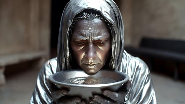 A biblical woman holding a shallow bowl near her lips while studying its surface with solemn restraint, a simple inner courtyard with bare walls, a stone bench, and an atmosphere of moral testing, low