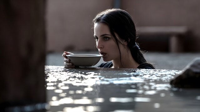 A biblical woman holding a shallow bowl near her lips while studying its surface with solemn restraint, a simple inner courtyard with bare walls, a stone bench, and an atmosphere of moral testing, low