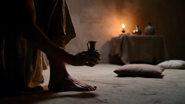 A biblical woman holding a small alabaster flask near another person&rsquo;s feet yet stopping in reverent hesitation before the act, a simple supper room with low cushions, rough walls, and a quiet table s