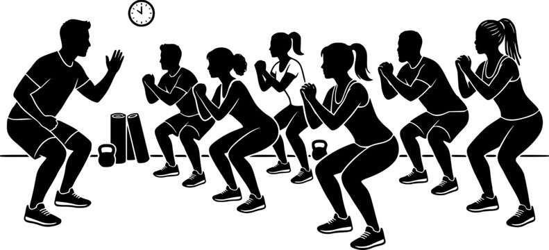 Black silhouette of diverse group of people exercising doing squats in fitness class on white background for healthy lifestyle concept
