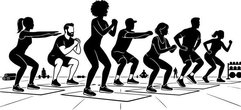 Black silhouette of diverse group of people exercising doing squats in fitness class on white background for healthy lifestyle concept
