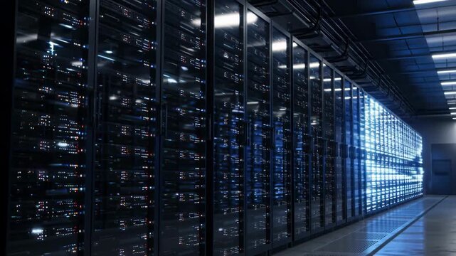Rows of illuminated server racks in a data center with blue glowing lights