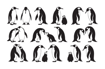 Fototapeta premium Penguin family silhouettes showing parents with chicks in various bonding poses for wildlife illustrations.