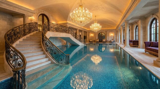 Grand Indoor Swimming Pool in a Luxurious Mansion Featuring Ornate Chandeliers and a Sweeping Staircase