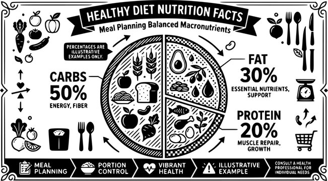 Nutrition facts pie chart with protein, carbs, and fat percentages for healthy diet and meal planning
