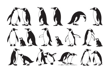 Obraz premium Emperor penguin interaction silhouettes depicting social behavior mating rituals and chick care in nature.