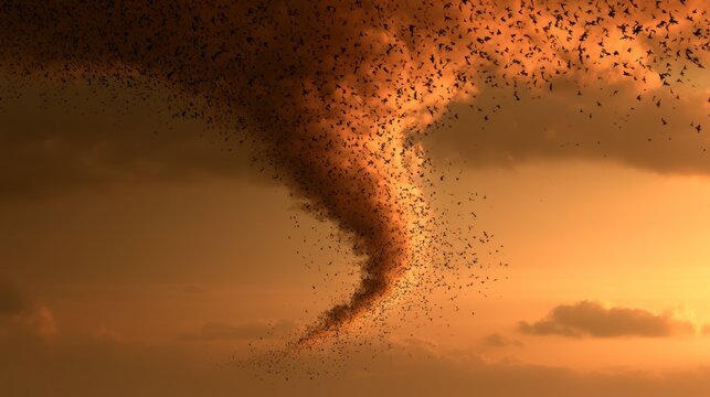 Dramatic murmuration of birds against golden sunset sky during migration