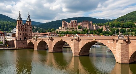 Fototapeta premium Historic stone bridge spanning water with a castle on a hill under a cloudy sky