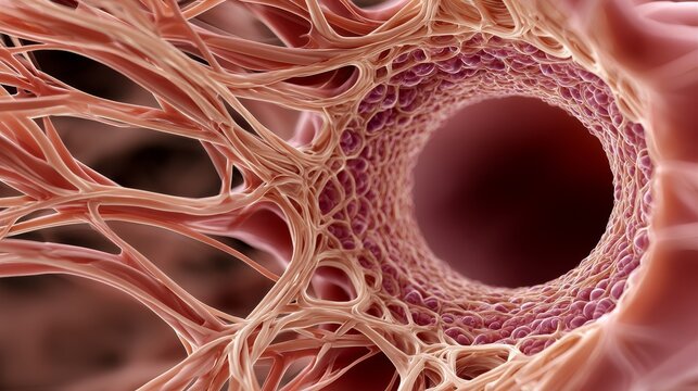 Detailed scientific illustration of microcirculation and capillary vessel anatomy