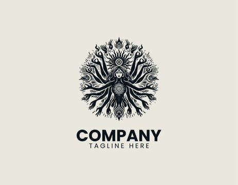 Multi-armed celestial goddess sun mandala spiritual black vector logo