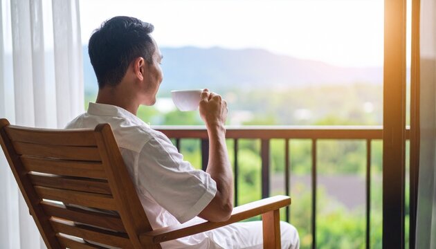 Man in white shirt sitting on wooden chair on balcony holding cup looking out at view relaxing outdoor scene