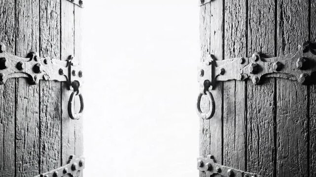 Dark wooden door with light shining through perfect for UI/UX design and motion graphics