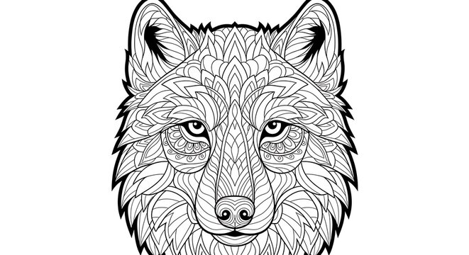 Intricate wolf head illustration with ornamental details for coloring