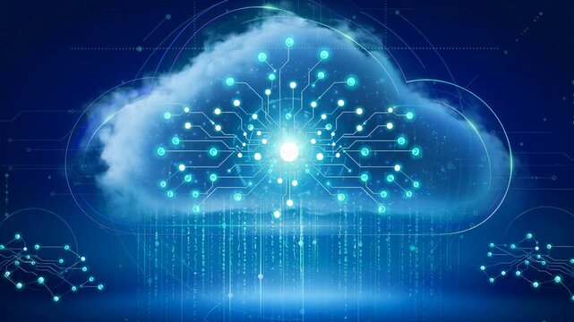 Futuristic cloud storage system glowing with digital circuits and streaming data visualization