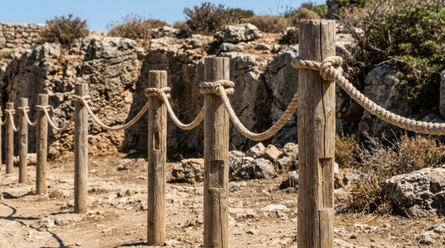 Rustic wooden posts with thick rope barrier guiding a natural path through a rocky outdoor landscape.