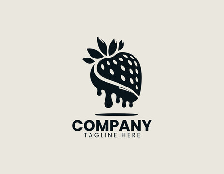 Chocolate dipped strawberry with dripping sauce minimalist black vector logo