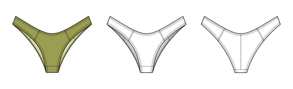 Panel Thong Bikini Bottom Technical Fashion Illustration. Women Swimwear Vector Template. Front and Back View. Structured Seam Panels. High Cut Leg Opening. Modern Design. CAD Mockup Set.