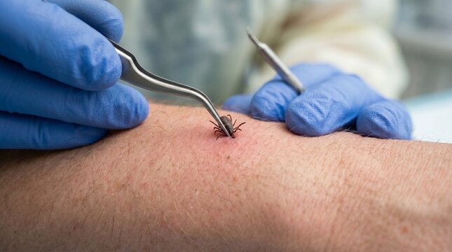 Dog tick (Ixodes ricinus). Tick removal process with curved medical tweezers, professional parasite removal procedure.