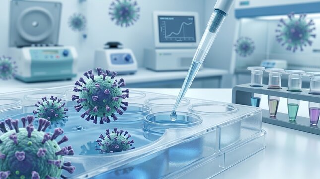 Laboratory diagnostics of viral infection: multi-channel dispenser and tablet for analysis against the background of 3D models of viral particles.