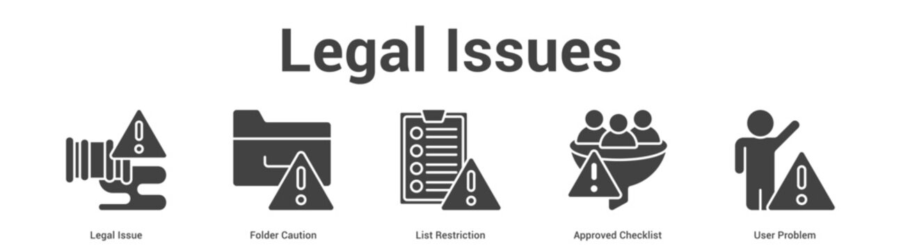 Legal Issues web banner icon set vector illustration concept for business with icon of Legal Issue, Folder Caution, List Restriction, Approved Checkli.