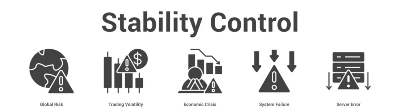 Stability Control web banner icon set vector illustration concept for business with icon of Global Risk, Trading Volatility, Economic Crisis, System Failu.