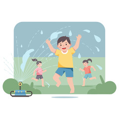 Obraz premium Happy children playing with water sprinkler in the garden during summer.
