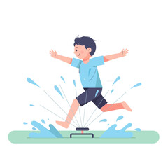 Fototapeta premium Young boy jumping over a garden water sprinkler in summer.